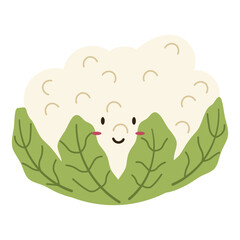 Flat style illustration of cauliflower with happy face, ideal for healthy eating, cooking projects, and vegetable-inspired designs