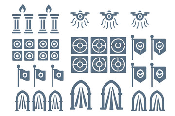 Fototapeta premium Outlined sci-fi and fantasy icon set on metallic background