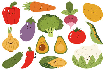 Flat style collection of various cute vegetables with happy faces and  perfect for healthy eating themes, childrens designs, educational materials, and kitchen decor