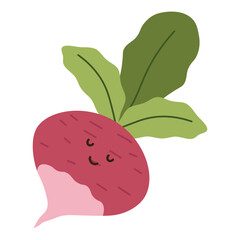 Flat style illustration of a radish with happy face, ideal for healthy eating, cooking projects, and vegetable-inspired designs