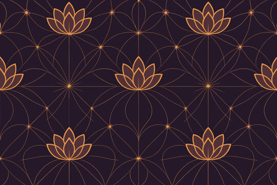 Stylized lotus flower pattern with glowing orange lines on dark purple.