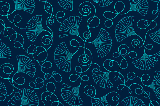 Seamless line art floral pattern with fan-shaped flowers and looped vines