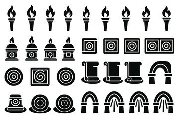 Naklejka premium A set of monochrome icons representing flame torches, spirals, scrolls, and rainbow arches, designed with bold lines and geometric simplicity, symbolizing illumination, movement, and transformation.