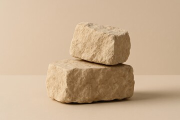 Two beige stones rest on each other against a neutral background