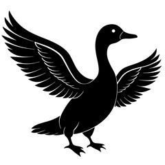 Black silhouette of a duck with wings spread wide on a white background