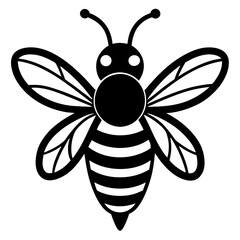 Stylized black and white icon of a flying bee with striped body and wings