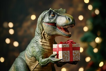 premium quality image of tyrannosaurus rex toy holding gift box