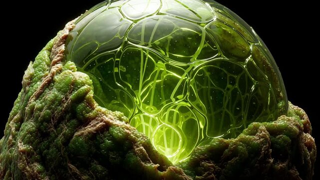 Dinosaur cloning experiment concept glowing green orb with organic textured surface and glowing green egg inside intricate textured organic shell