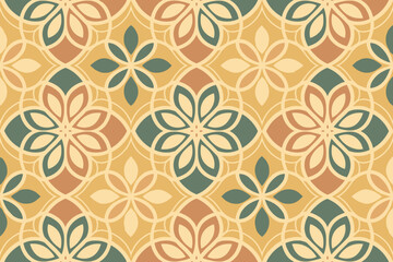 Vintage floral pattern with warm tones and geometric shapes.