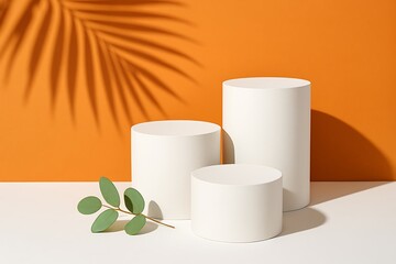 White cylindrical display stands with eucalyptus leaves against an orange background