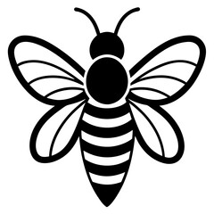 Stylized black and white illustration of a bee with striped abdomen and patterned wings