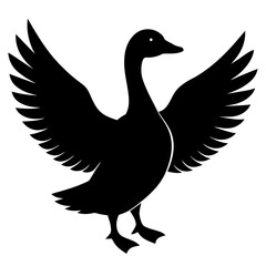 Black silhouette of a goose with wings spread wide on a white background