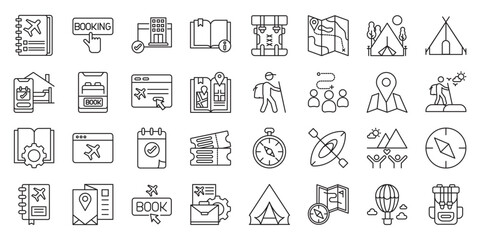 Adventure Travel Journal set of web icons in line style. adventure travel journal, travel diary, wilderness journal and camping travel notes.  Vector illustration