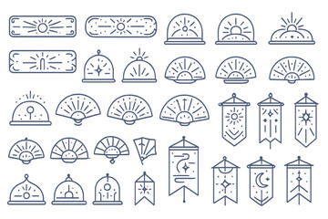 Obraz premium Mystical icon set with banners, sun motifs, and fan shapes in blue