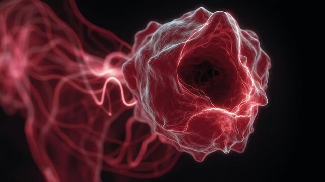 Molecular structure glowing red light scientific futuristic experiment showing glowing red cell structure with intricate network and dynamic energy