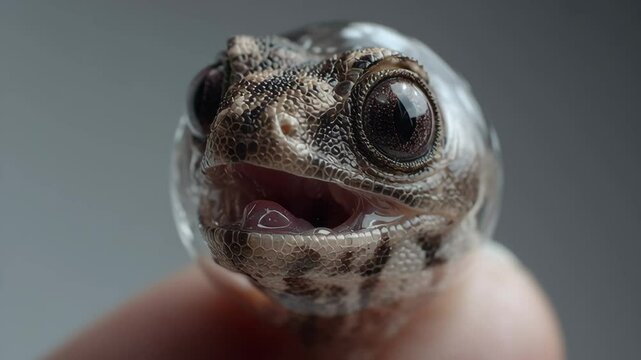 Close up of small reptile head with detailed scales and eyes showing cloning experiment in dinosaur study and hatching from egg with vivid texture