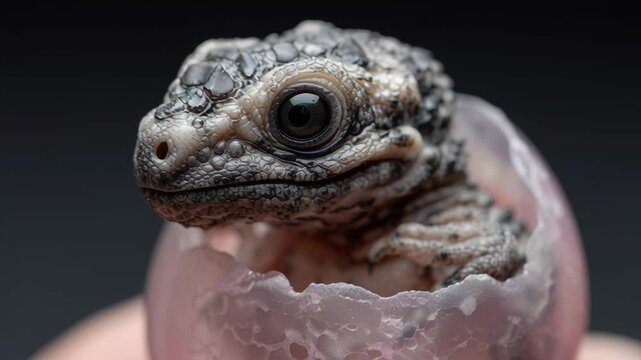 Baby dinosaur hatching from egg cloning experiment showing detailed reptile skin texture and curious eye close up new life scientific wonder