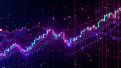Artistic Visualization of Stock Market and Cryptocurrency Charts with Dynamic Candlestick Patterns, Trend Lines, and Glowing Digital Data, Representing Financial Growth and Volatility.