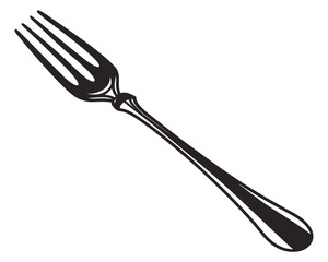 Classic black and white illustration of a single four tined dining fork