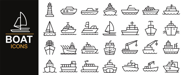 Minimalistic nautical-themed icons depicting ships, yachts, sailboats, and a lighthouse in simple line style.