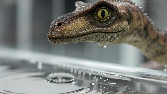 Dinosaur cloning experiment close up reptile eye detailed skin texture water droplet reflecting light scientific reptile head focus water droplet