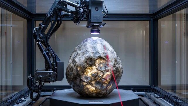 Dinosaur cloning experiment with robotic arm scanning large fossil egg inside glass enclosure in futuristic laboratory setting