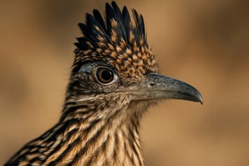 Fototapeta premium A close up of a roadrunner's head with a brown background
