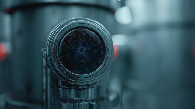 Red glowing symbol metal device reveals futuristic dinosaur cloning experiment advanced technology laboratory with high tech environment and cold