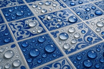 A close up of water droplets on a blue and white tile floor