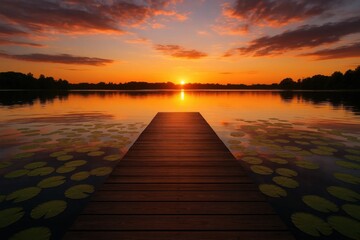 Fototapeta premium A wooden dock in the middle of a lake at sunset