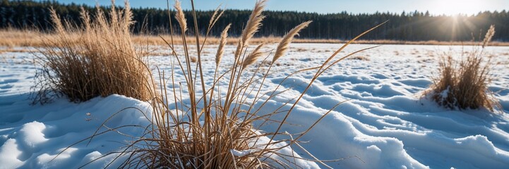 Fototapeta premium Icy Field with Tall Dried Grasses and Reeds in Snow, Forest Trees in Distance Creating Long Crisp Shadows on a Sunny Day