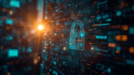 Obraz premium Photorealistic Professional Cybersecurity Scene with a Glowing Digital Padlock Icon on an Intricate Circuit Board Background, Symbolizing Data Protection and Network Security.