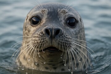 Fototapeta premium A close up of a seal in the water with water droplets on its face