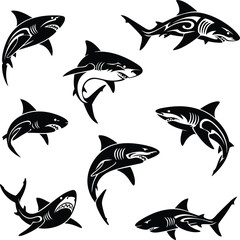 Tribal Shark Tattoo Vector Illustration Set Collection of Black Silhouette Marine Fish Mascot Icons Abstract Polynesian Style Animal Graphic Design Elements for Decals and Stickers