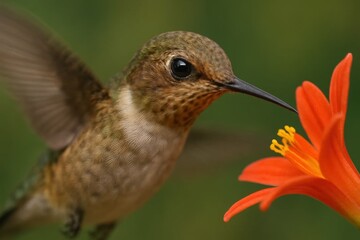 Fototapeta premium A hummingbird is flying near a bright orange flower