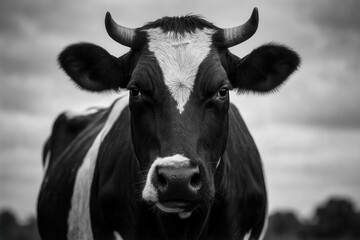 Naklejka premium A black and white photo of a cow with horns