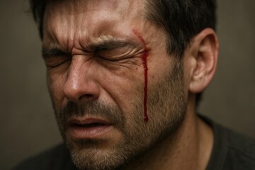 Obraz premium A man with blood on his face is crying