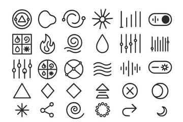 A collection of 24 abstract black icons, featuring symbols representing natural elements, weather patterns, and energy states like fire, water, wind, light, and sound.