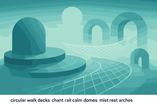 Serene digital illustration featuring domed structures, arched bridges, and misty pathways with a calming, futuristic design.