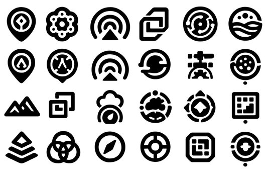 Grid of futuristic black glyph icons for sci-fi interfaces