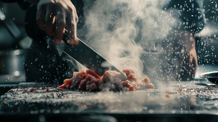 Chef skillfully chops raw meat on a cutting board creating a delicious meal preparation