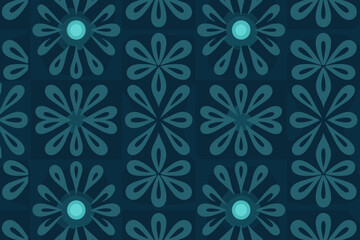 Seamless floral pattern with stylized flowers featuring glowing centers and elongated petals, set against a dark background.