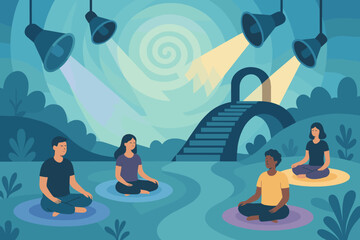 Obraz premium Group meditation under spotlights with surreal spiral backdrop