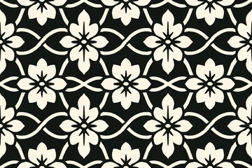 Fototapeta premium Bold floral pattern with contrasting white flowers and black background.