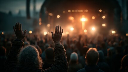 Crowd worships during sunset at an outdoor religious concert with bright stage lights