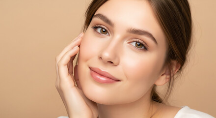 A young woman with light brown hair and a warm smile rests her chin on her hand, her smooth skin and subtle makeup highlighting her natural beauty. The background is a soft beige color.
