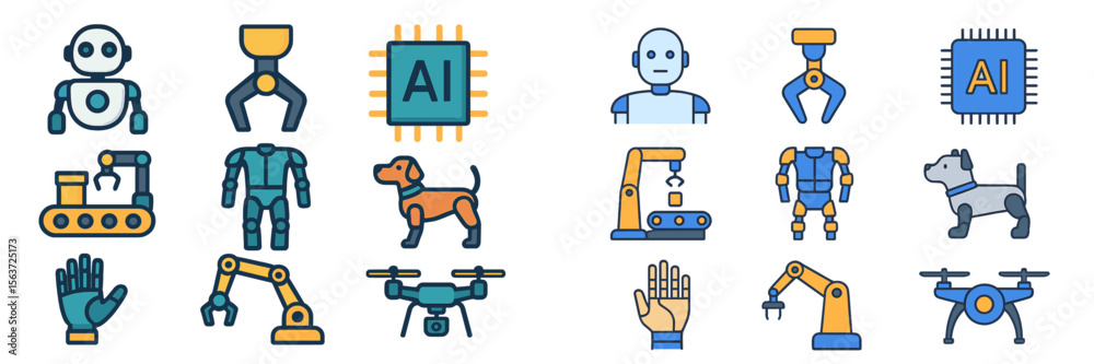Poster Exploration of robotics and artificial intelligence through various icons and symbols showcasing innovation and technology