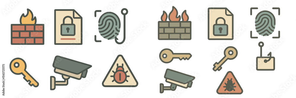 Aufkleber security icons representing various aspects of protection, monitoring, and data safety in digital en