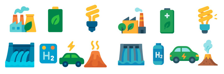 Icons representing renewable energy sources and environmental impact in a colorful, modern design suitable for educational purposes