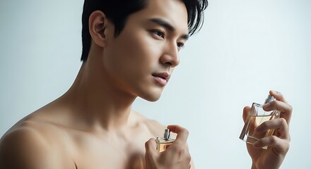 Young Asian Man Applying Fragrance Perfume Spray to Neck and Wrist for Personal Grooming and Scent Experience isolated on white background